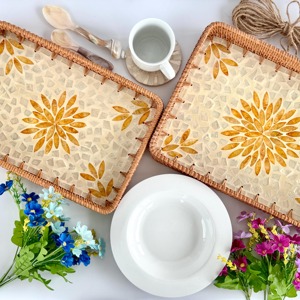 Two Piece Rectangular Rattan Tray <b>Set</b> With Mother Of Pearl For Daily Home Use Guest <b>Serving</b> And Special Occasions From India - Product Image 5