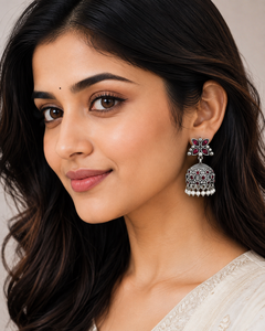Ready Stock Antique Silver Indian Jhumka <b>Earrings</b> Pear Cut <b>Red</b> Crystal Stone Flower Shape Women's Classic Party Direct Factory - Product Image 2