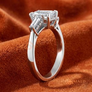 925 Sterling <b>Silver</b> <b>Emerald</b> Cut Moissanite/Diamond Engagement <b>Ring</b> for Women, Three Stone <b>Ring</b> with Tapered Baguette Side - Product Image 2