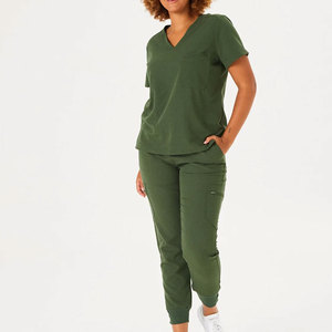 Ensemble de blouses médicales vertes pour femmes, en coton et polyester, haut tricoté à col en V avec pantalon à cordon de serrage, uniformes d'hôpital - Product Image 2