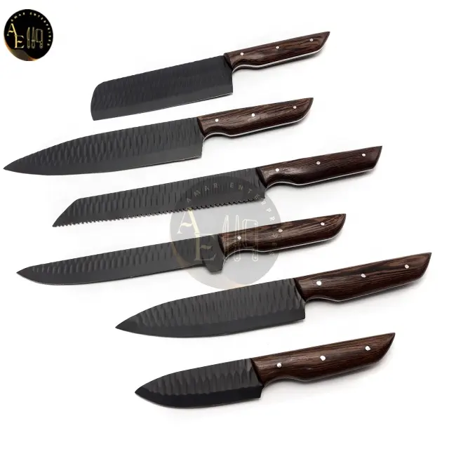 6-teiliges Küchenmesser set Voll funktions fähig mit D2 Steel Black Coating Blades und mit dem Pure Cow Hide Leather Roll Kit