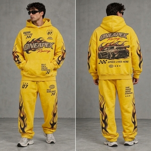 Men's Oversized <b>Yellow</b> Hoodie <b>Tracksuit</b> Set Heavyweight Cotton Jogger Sweat Suit Streetwear Custom Private Label - Product Image 3