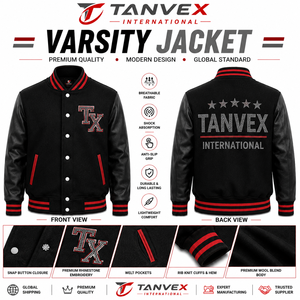 TANVEX INTERNATIONAL Men's Eco-Friendly Winter Varsity <b>Jacket</b> Stand Front Black Red Polyester <b>Rhinestone</b> Embroidery Single - Product Image 3