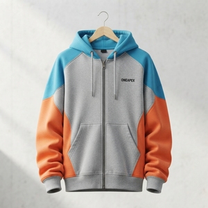 Men's Teal <b>Orange</b> Color Block Pullover <b>Hoodie</b> Fleece Oversized Eco-Friendly Rhinestone Streetwear Jacket Casual Sportswear - Product Image 2