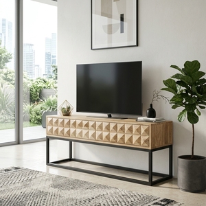 Dice Low Tv Cabinet And Sideboard Modern Solid Wood Media <b>Console</b> With 3D Geometric Carved Drawers And Metal Frame Furniture - Product Image 5