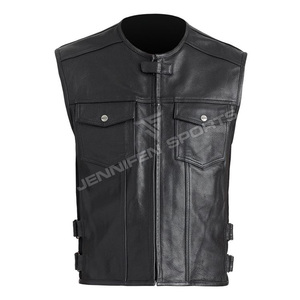 Chaleco de Motociclista Casual de Cuero Vacuno Genuino Personalizado para Hombre, Chaleco Corto Transpirable de Invierno con Múltiples Bolsillos de Poliéster - Product Image 1
