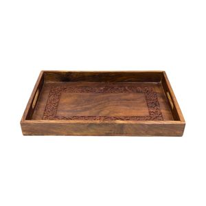 Plateau de service en bois massif fait main avec motif floral sculpté à la main, disponible avec finition naturelle personnalisée, meilleur prix - Product Image 3