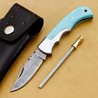 Couteau pliant multifonction en acier Damas, manche turquoise, allume-feu, couteau de chasse de poche, haute qualité 58HRC, garantie 3 ans