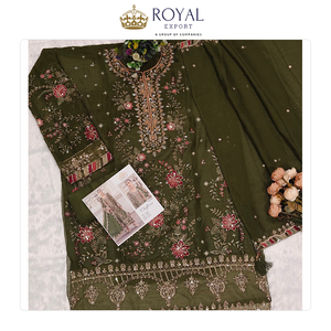 Traje de Diseño Pakistaní de Excelente Calidad, Nuevo, en Chifón con Bordado y Adorno de Lentejuelas, con Cuello Khatli, en Venta - Product Image 6
