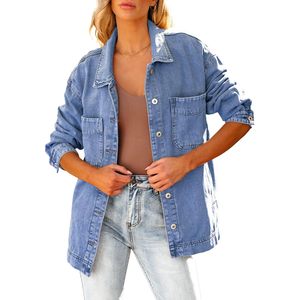 Chaqueta vaquera con botones de gran tamaño para mujer, chaqueta vaquera con estampado de dobladillo con abertura de manga larga con bolsillo, chaqueta vaquera lavada, 2025 - Product Image 4