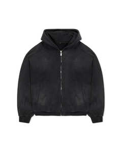 Sweat à capuche décontracté en molleton épais 100 % coton, couleur noir délavé, avec fermeture éclair, style streetwear, confort quotidien - Product Image 1