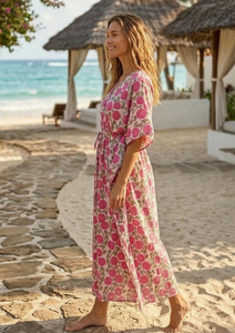 Pink Floral Cotton <b>Kaftan</b> Robe V Neck Loose Fit Beach Cover Up <b>Summer</b> Women Loungewear - Product Image 3