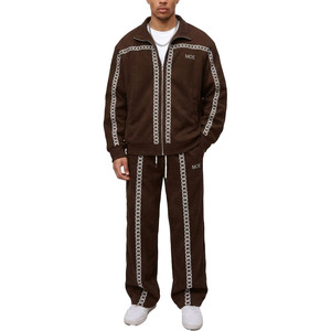 Premium Quality Brown Boxy Fit Hoodies sets Men Custom DTG <b>Chain</b> Print Raglan Sleeve Zip Up Jacket Wide Leg Jogging Pant Sets - Product Image 1