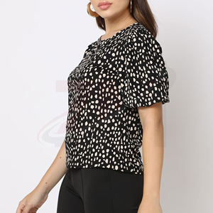 Blusa de Gasa con Estampado de Puntos Blancos y Negros, Cuello Redondo, Manga Corta Abullonada, Corte Holgado Informal, 100% Algodón, Calidad de Marca, Personalizable - Product Image 5