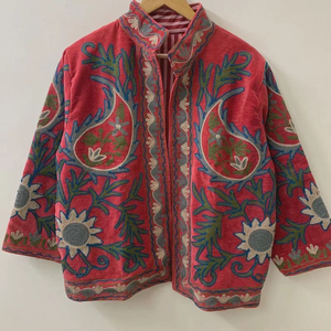 Suzani Embroidered Velvet Jacket Bohemian Floral Winter Overcoat Windproof Breathable Short <b>Coat</b> - Product Image 1
