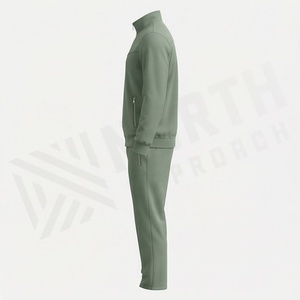 Survêtement vert uni pour homme, fermeture éclair intégrale, col montant, vêtements de sport décontractés avec poches latérales, matière respirante en polyester et coton - Product Image 3