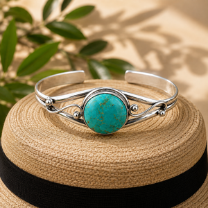 Bracelet manchette ouvert vintage en argent avec pierre turquoise, bijou rond en pierre précieuse par ORGANIC GEMS pour femme, cadeau, fête - Product Image 6