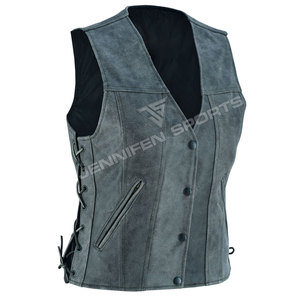 Chaleco de cuero para motocicleta para mujer, con solapa, cremallera oblicua, cordón en la cintura, chalecos de piel de vaca negra - Product Image 2