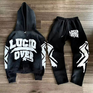 ชุดวอร์มปักลายสไตล์ดิสเทรสสองชิ้นสำหรับฤดูหนาว กางเกงขายาวประดับคริสตัลสีซีดจางและเสื้อฮู้ดซิปสำหรับผู้ชายและผู้หญิง - Product Image 3