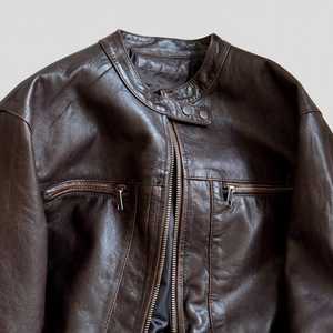 <b>Women's</b> <b>Brown</b> Genuine <b>Leather</b> Eco-Friendly Winter Moto <b>Jacket</b> Turn-down Collar Single Button Closure Long Sleeve Short - Product Image 6