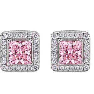 Elegantes pendientes cuadrados tipo halo en oro blanco de 18 quilates con piedras centrales de corte princesa en rosa vibrante y diamantes redondos decorativos. - Product Image 1