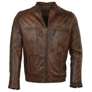 Chaqueta de Cuero Genuino Premium para Hombre, Estilo Vintage Marrón, Motociclista, Ecológica, Anti-UV, Delgada, Ajustada, Cuello Redondo, Prenda Exterior de Moda - Product Image 1