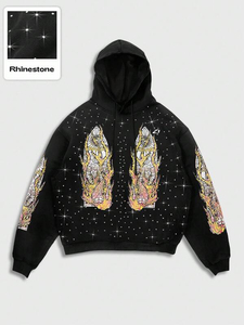 Heavy Cotton Fleece Hoodies <b>for</b> <b>Men</b> <b>Pullover</b> Rhinestone Sparkle Flame Graphic Streetwear Custom Branding Bulk Supply - Product Image 5