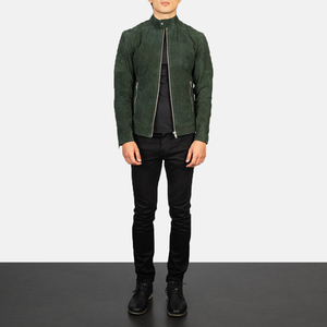 <b>Men's</b> Green <b>Suede</b> Moto <b>Jacket</b> Stand Collar Zipper Closure Slim Fit Autumn Style Regular Length Solid Color Biker <b>Jacket</b> - Product Image 6