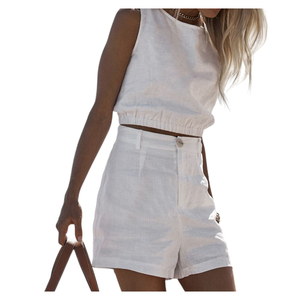 Short en lin taille haute pour femme Style d'été avec poches latérales Coupe décontractée douce et confortable - Product Image 4