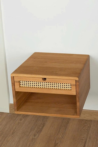 Table de chevet flottante moderne en chêne avec tiroir et panneau en rotin, meuble de chambre en bois massif écologique, design réglable - Product Image 4