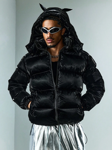 Mens Shiny Puffer Jacket Black <b>Devil</b> <b>Horn</b> Hood Glossy Down Hooded Quilted Winter Streetwear Novelty Oversized Custom OEM - Product Image 2