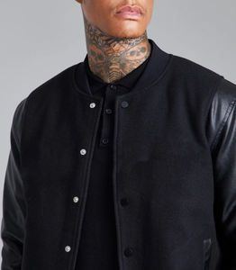 New Arrival 2026 Men's <b>Black</b> Varsity <b>Jacket</b> PU Leather Sleeves Front Logo Print Button Closure Casual Autumn Wear Regular Fit - Product Image 5