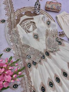Traje Anarkali Tradicional de Seda para Mujer, Bordado, Largo hasta el Suelo, Estilo India Pakistán, Blanco, Corte Holgado, para Bodas - Product Image 5