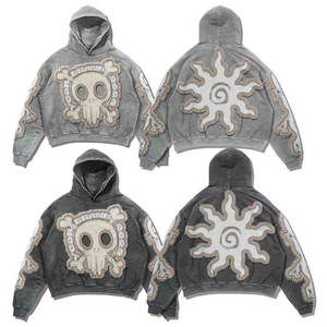 เสื้อฮู้ดดี้ผู้ชายทรงโอเวอร์ไซส์ ปี 2025 ผ้าคอตตอน 100% สำหรับฤดูหนาว แบบเรียบสีพื้น หนานุ่ม สไตล์ดิสเทรส พร้อมปักลาย  มีกระเป๋า - Product Image 5