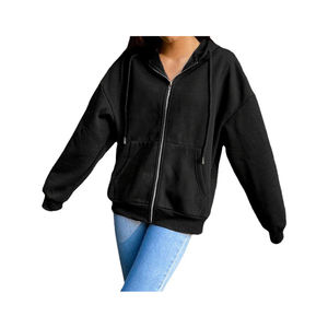 Automne polaire à capuche couleur unie à capuche mode coréenne sweats à manches longues haut cordon poches lâche fermeture éclair noir sweats à capuche - Product Image 5