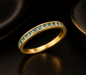 14K Yellow Gold 925 Sterling Silver Blue Topaz Princess Cut Channel <b>Set</b> Stackable Band <b>Ring</b> <b>Women</b> Fine Jewelry - Product Image 3