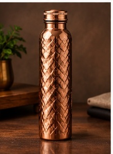 Traditional Copper Water <b>Bottle</b> with Lid Half Hammered Texture Minimalist Portable Travel Thermos <b>Flask</b> - Product Image 2
