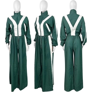 Women's Eco-Friendly Polyester Green <b>White</b> Stripe <b>2</b>-<b>Piece</b> Long Sleeve Loose Fit Satin Sporty Tracksuit Set Full Length All - Product Image 5