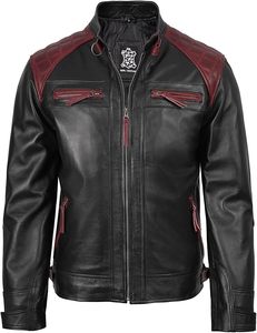 Men's Black Leather Moto <b>Jacket</b> With <b>Red</b> Accents Stand Collar Zipper Closure Regular Fit Autumn Wear - Product Image 3