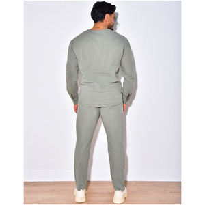 ชุดเสื้อแขนยาวและกางเกงขายาว 2 ชิ้นสำหรับผู้ชาย ระบายอากาศได้ดี สวมใส่สบาย เนื้อผ้าฝ้าย 100% ชุดลำลองสำหรับฤดูร้อนสำหรับผู้ชาย - Product Image 3