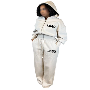 Conjunto de Sudadera Larga con Capucha de 2 Piezas para Mujer, Corte Regular, Color Sólido, Forro Polar, Formal, para Todas las Temporadas, Pantalones con Cierre, Estampado con Logotipo, Ecológico - Product Image 1