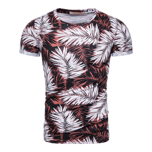 T-shirt personnalisé pour homme, coupe ajustée, manches courtes, imprimé feuilles tropicales, col rond, respirant, tricoté, décontracté, pour l'été - Product Image 5