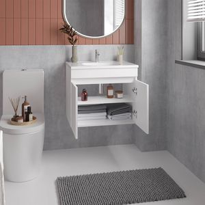 Mobile Bagno Sospeso Bianco Chaux con Doppia Anta, Lavabo in Resina e Due Ripiani, Ampia Soluzione di Stoccaggio - Product Image 2