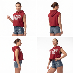 Women Sleeveless Pullover Hoodie Crop <b>Distressed</b> Embroidered Gym Wear Hoodies Cotton Fleece Sleeveless Hooded Crop <b>Top</b> Ladies - Product Image 4