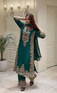 Ensemble Anarkali prêt-à-porter entièrement brodé avec haut, pantalon palazzo, dupatta, manches fantaisie, bordure Latkan, design de créateur, en tissu lourd imitation - Product Image 3