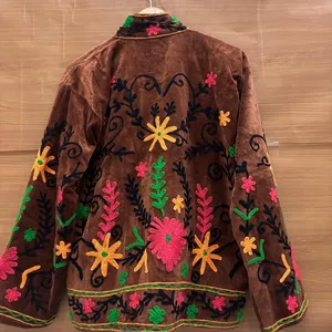 <b>Women</b> Brown <b>Velvet</b> Floral Embroidered Suzani <b>Jacket</b> Full Sleeve Stand Collar Handmade Bohemian Winter Outerwear - Product Image 3