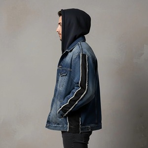 Men's Denim Jacket With Hooded Design Stonewashed Cotton Casual Style Regular Fit Autumn Wear - Product Image 3