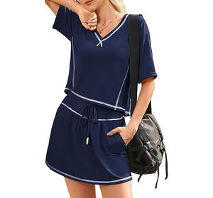 Ensembles 2 pièces pour femmes : Hauts décontractés à manches courtes et jupes assorties avec cordon de serrage – Idéal pour sortir ou se détendre - Product Image 3