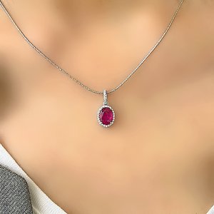 Genuine Natural Ruby Oval Halo Silver Pendant Elegant <b>Red</b> Gemstone Jewelry July Birthstone Gift For Women Pendant - Product Image 5