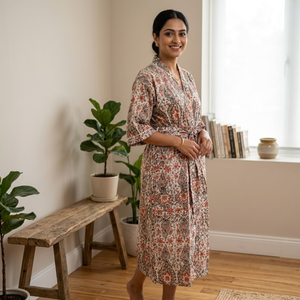 Kimono de Algodón Floral Color Verde Azulado Premium |   Bata de dormir de manga larga con cuello en V para mujer |   Túnica Boutique con Cordón Ajustable, Hecha a Mano - Product Image 3